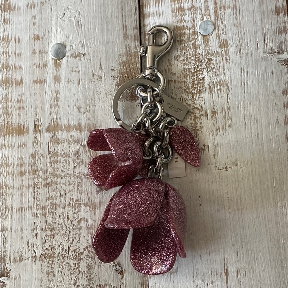 COACH GLITTER RESIN TEA ROSE BAG CHARM SILVER/STRAWBERRY NWT - Picture 5 of 6